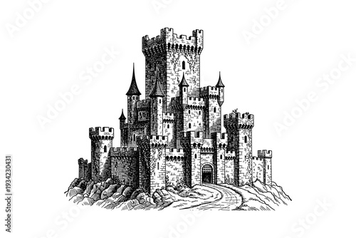 Medieval castle drawing with detailed gothic architecture