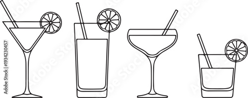 Assortment of Cocktail Glasses Outline drink beverage