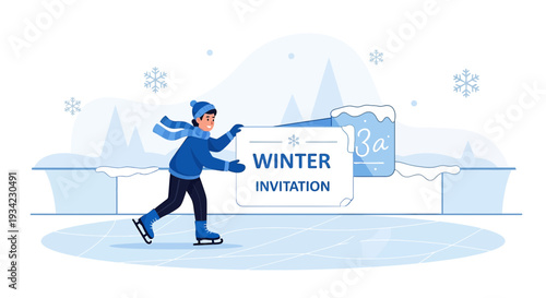 Winter Invitation Ice Skating Person Holding Snowflakes Banner