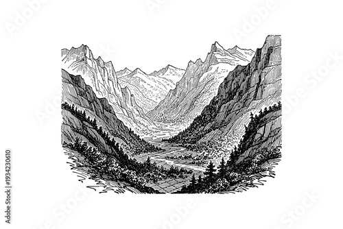Hand drawn mountain valley landscape with black and white fine line art details