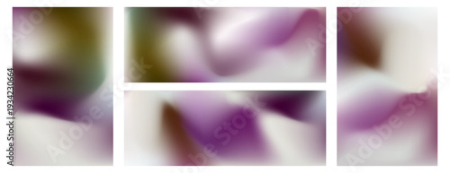 Set of soft blurred vector wavy magenta purple and muted green mesh gradient backgrounds. Abstract vibrant fuchsia and forest digital watercolor gradation for liquid concept, fluid design, banner