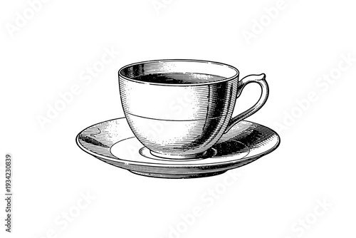 Elegant vintage tea cup with saucer in intricate ink style