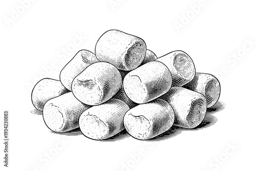 Detailed vintage drawing of marshmallow pile in black and white ink style