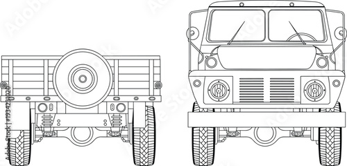 Off road military utility truck vector line drawing with front and rear views