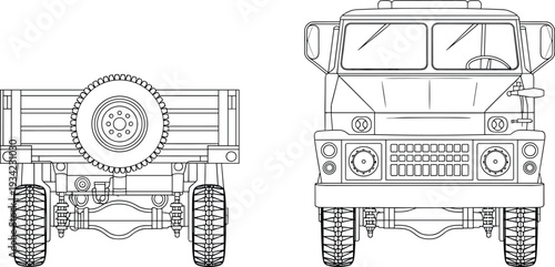 Off road military truck vector line drawing with front and rear view illustration