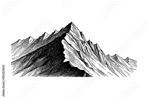 Vintage hand-drawn mountain range with detailed sketch lines