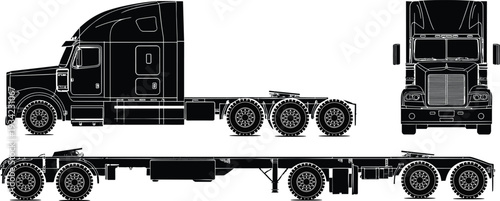 Semi truck tractor with flatbed trailer vector silhouette set in side and front views isolated