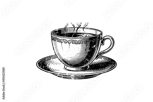 Vintage style engraved tea cup with saucer and steam