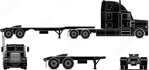 Semi truck tractor with flatbed trailer vector silhouette set in side front and rear views isolated