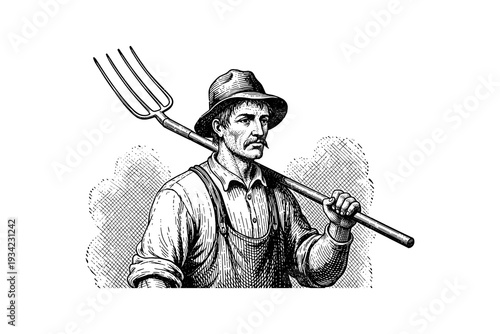 Vintage farmer with pitchfork engraving style artwork