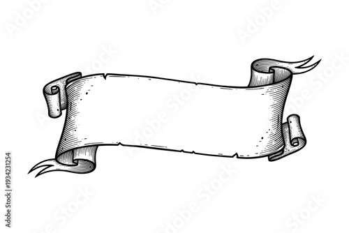 Vintage scroll banner with blank center for text in black and white