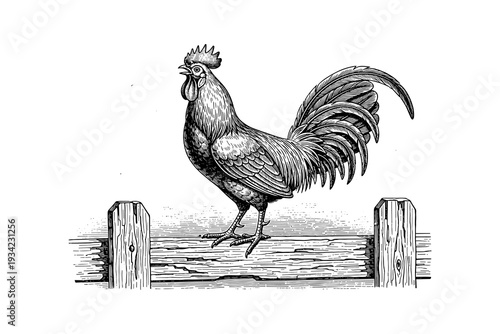 Vintage rooster on fence in detailed black and white engraving style