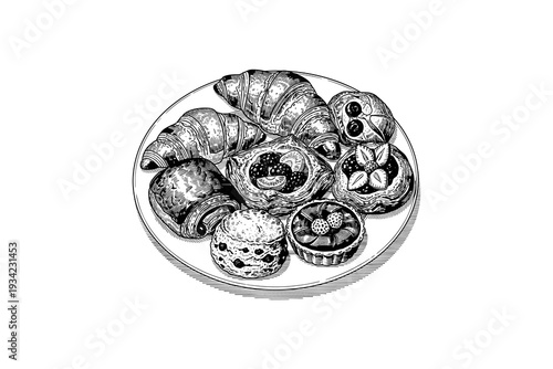 Hand drawn assorted pastries on plate: detailed black and white bakery art
