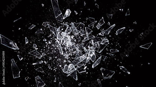Broken Glass Shards Exploding on a Black Background Creating an Abstract Dynamic Visual Effect