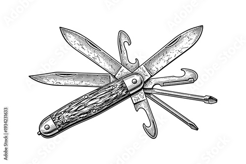 Vintage pocket knife with multiple tools in detailed engraving style