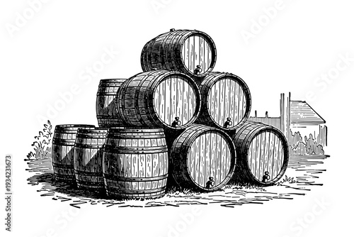 Vintage barrel stack with rustic background in detailed engraving style