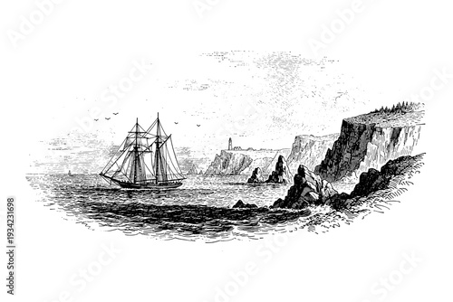 Vintage coastal scene with sailing ship and rocky cliffs in black ink drawn style