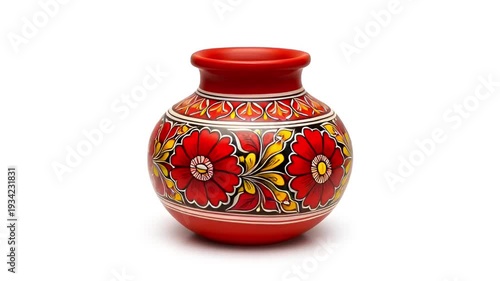 Traditional red clay pot with ornate hand-painted floral patterns, decorative folk art pottery with vibrant red flowers and leaves
