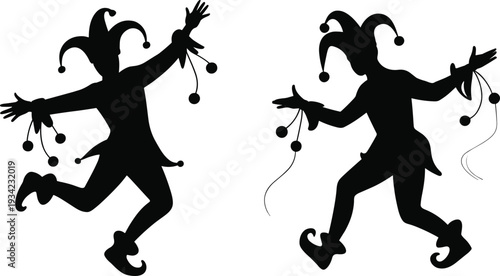 Carnival Jester Silhouette Vector Set with Dancing Clown Characters in Dynamic Festive Poses Isolated on Light Background Illustration