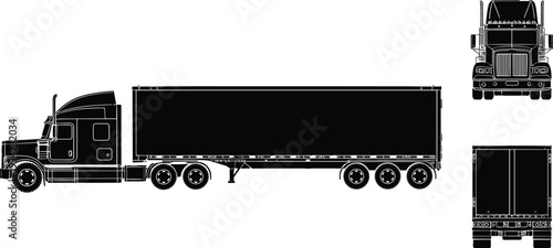 Semi truck with box trailer vector silhouette set in side front and rear views isolated