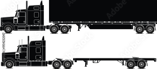 Semi truck with trailer and flatbed vector silhouette side view heavy cargo transport illustration isolated