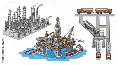 Industrial oil rig factory and transportation illustration.