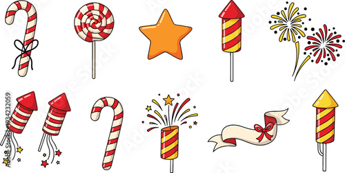 Festive Fireworks and Candy Cane Clipart Set with Rockets, Lollipop, Star and Celebration Elements for Holiday Party Design