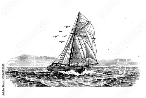 Vintage sailing ship on ocean waves with birds in engraving style