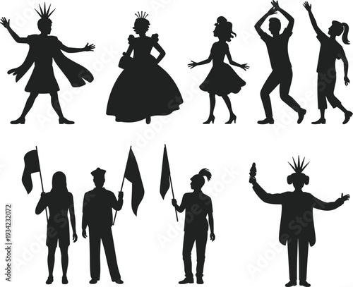 Carnival Parade Dancers and Flag Bearers Silhouette Vector Set with Costumed Performers and Celebration Poses Isolated on Light Background Illustration