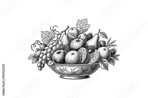 Vintage fruit bowl with grapes, pears, and apples in intricate engraved style