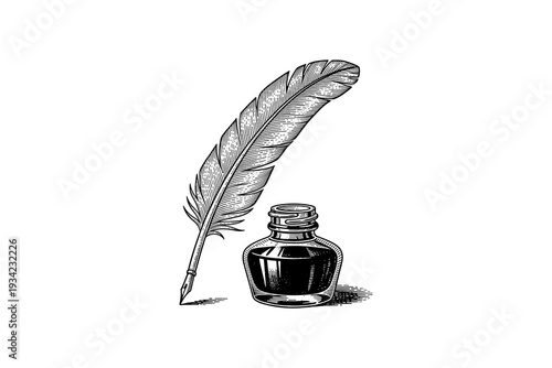 Vintage quill and ink pot drawing in retro engraving style for historical themes