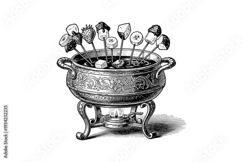 Vintage dessert fondue pot with fruits and marshmallows