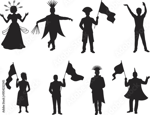 Carnival Parade Performers Silhouette Vector Set with Dancers, Flag Bearers, and Costumed Characters in Celebration Poses Isolated on Light Background Illustration