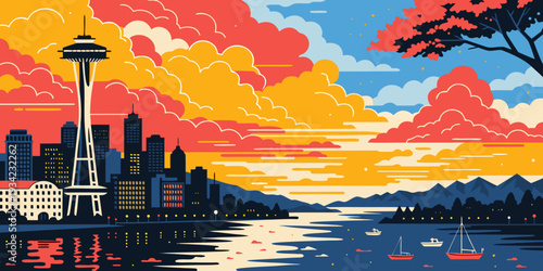 USA, US, U.S, United States - Seattle mountain sunset panorama, flat vector illustration, ultra-wide style
