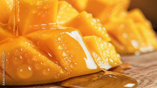 Close up of freshly cut mango with dripping syrup