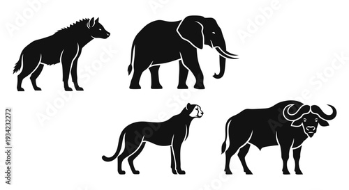 African Animals Silhouette Collection - Elephant, Hyena, Cheetah, Buffalo Icons