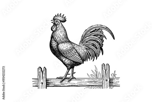 Detailed rooster on fence vintage ink drawing black and white