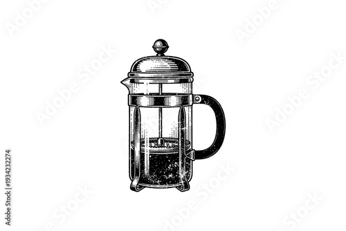 Retro french press coffee maker in detailed vintage style