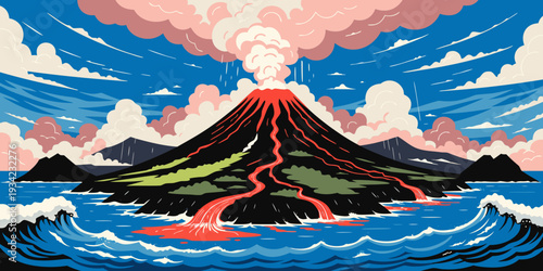 USA, US, U.S, United States - Hawaii volcano eruption panorama, lava glow flat vector, ultra-wide style 
