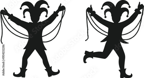 Festive Mardi Gras jester silhouettes holding beads, joyful carnival performers i, dancing celebration figures, whimsical entertainment art, playful fantasy illustration for holiday design