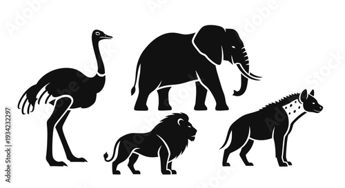 African Animals Silhouettes Set: Ostrich, Elephant, Lion, and Hyena Wildlife Collection