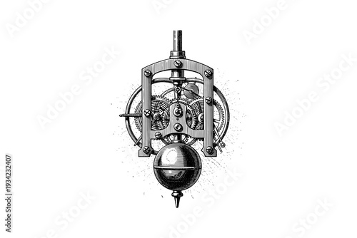 Detailed mechanical pendulum drawing featuring intricate gears and clockwork mechanism