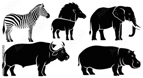African Safari Animals Silhouettes Collection on White Background
