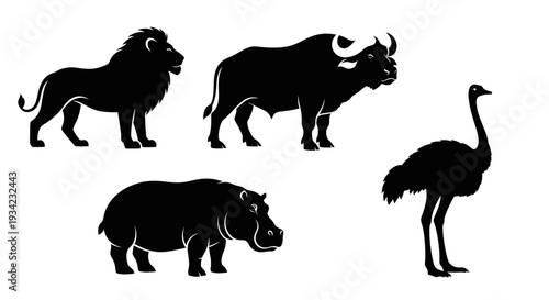 African Safari Animals Silhouettes Set - Lion, Buffalo, Hippo, Ostrich Icons