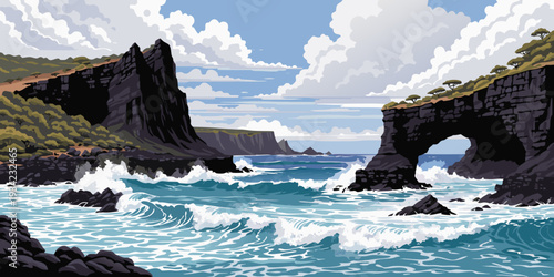 USA, US, U.S, United States - Volcanic cliffs and waves, Hawaii panoramic vector, ultra-wide banner 
