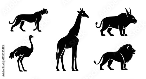 African Safari Animals Silhouettes Set: Lion, Giraffe, Ostrich, Cheetah, Wildebeest Icons