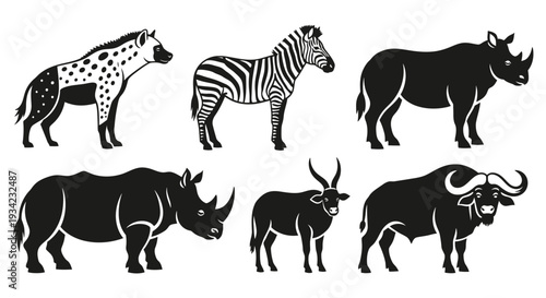 African Safari Animals Silhouettes Set: Wild Mammals Vector Icons Collection