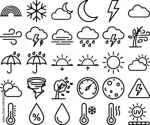 Weather Icons: A collection of concise symbols depicting a range of weather conditions, ideal for design projects and informative content.