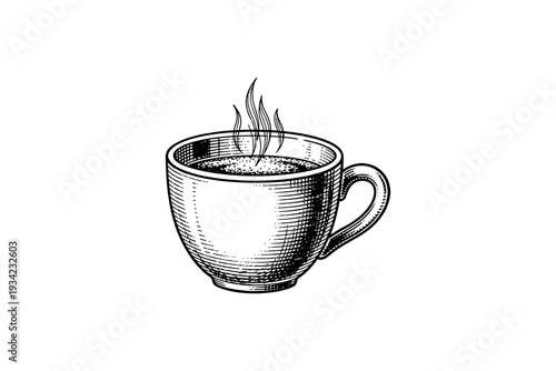 Vintage coffee cup: intricate line art with steaming detail in black and white