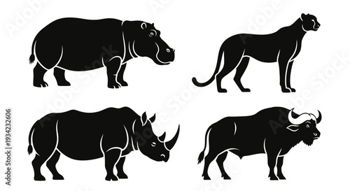 African Wild Animals Silhouettes Set: Hippo, Rhino, Panther, and Buffalo Icons